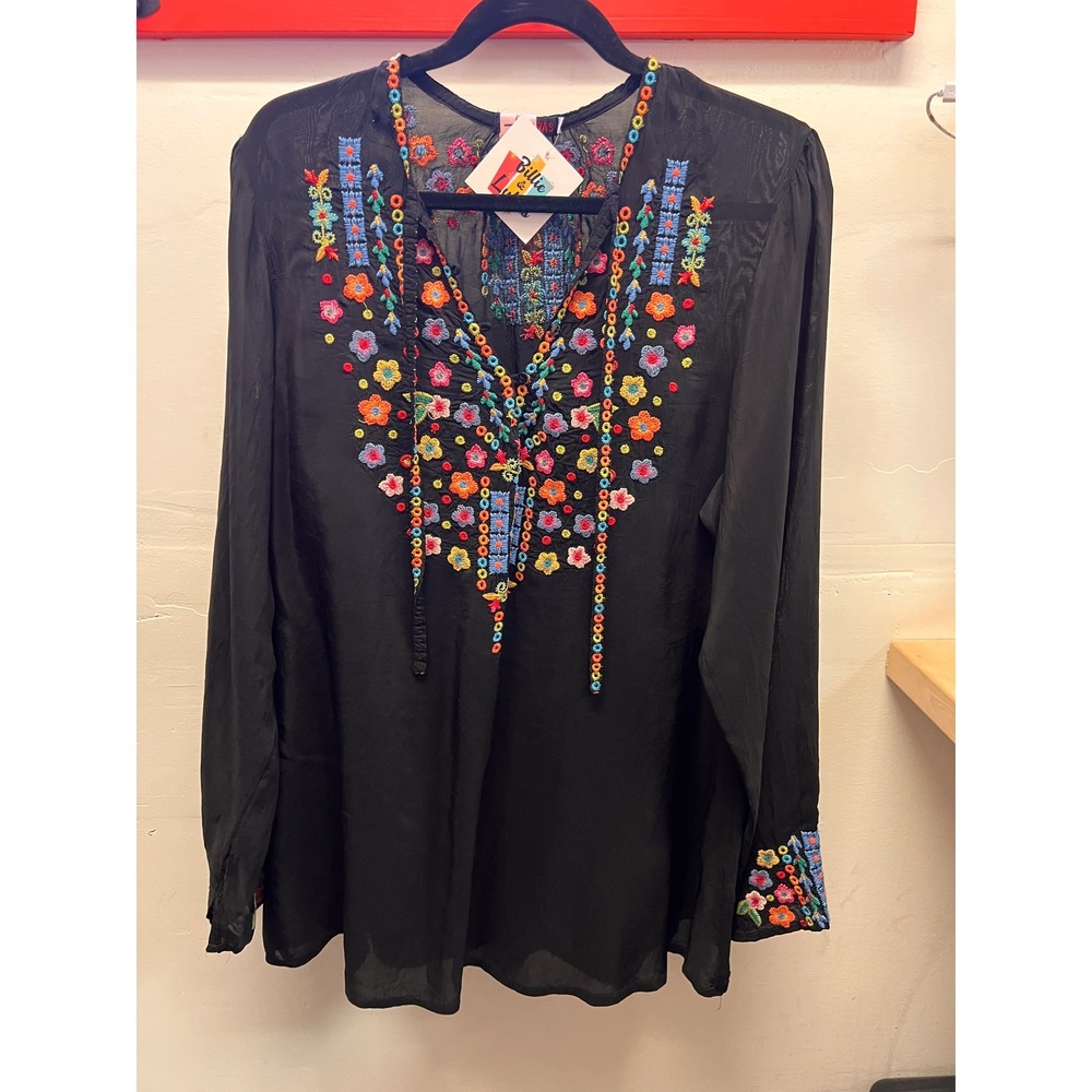 Johnny Was BLack with multi color Embroidfery Long Sleeve Blouse